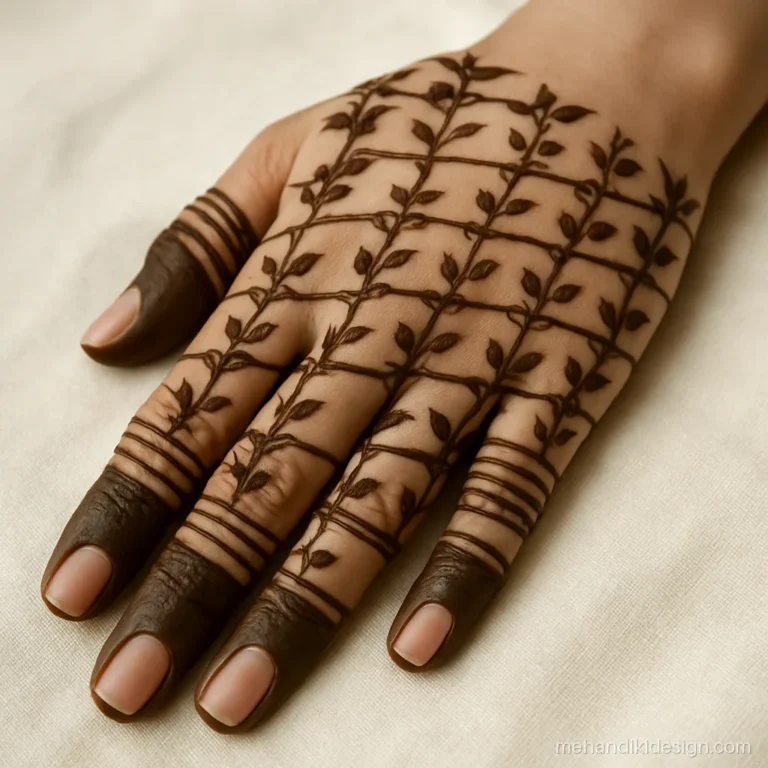 Mehandi ki design front hand full with an open grid of thin leafy vines