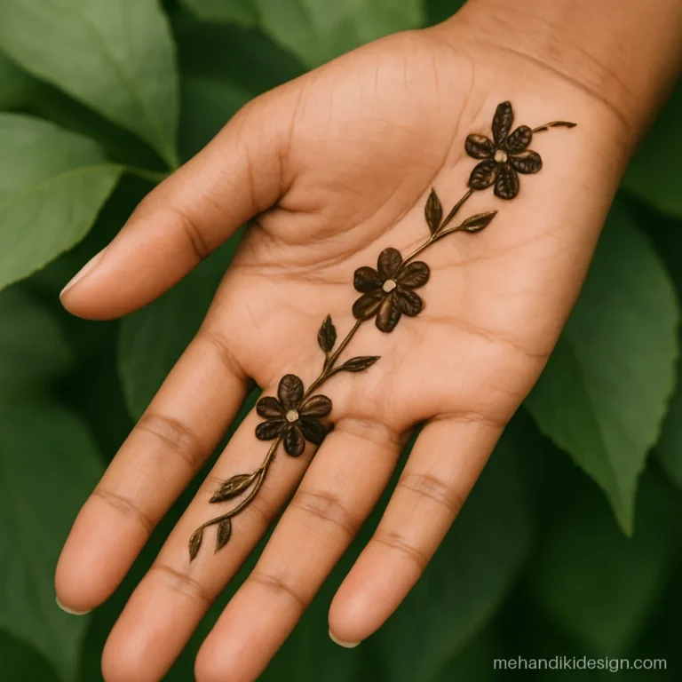 Mehandi design simple with diagonal flowers across the front hand