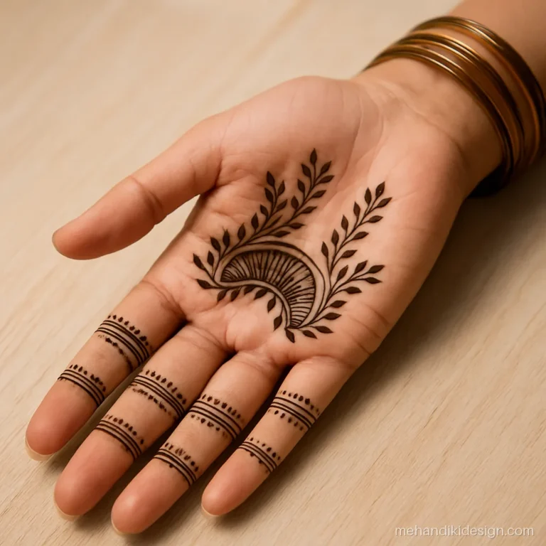 Simple front hand mehandi design with a half moon and leaves on the palm