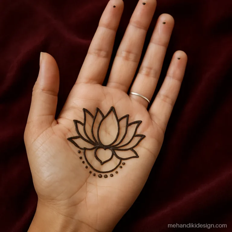 Simple mehandi design with a lotus in the palm centre and plain fingers