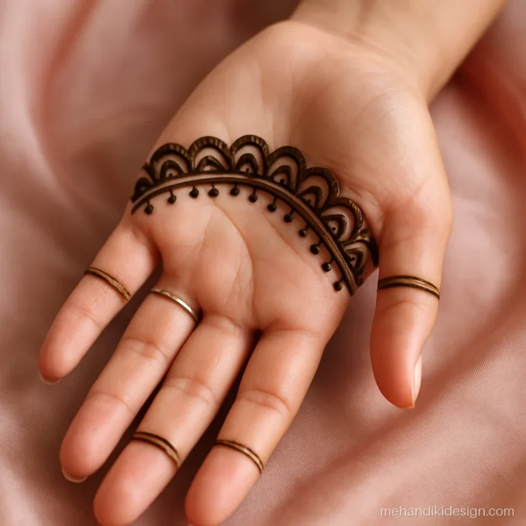 Simple front hand mehandi design with a scalloped arch across the upper palm
