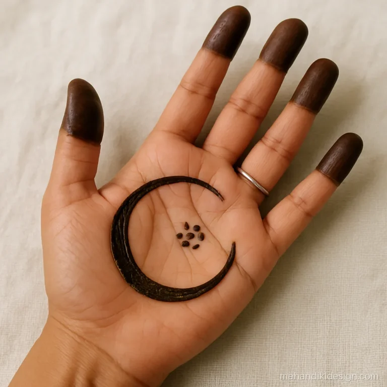 Front side mehandi design with a crescent and dots inside the palm