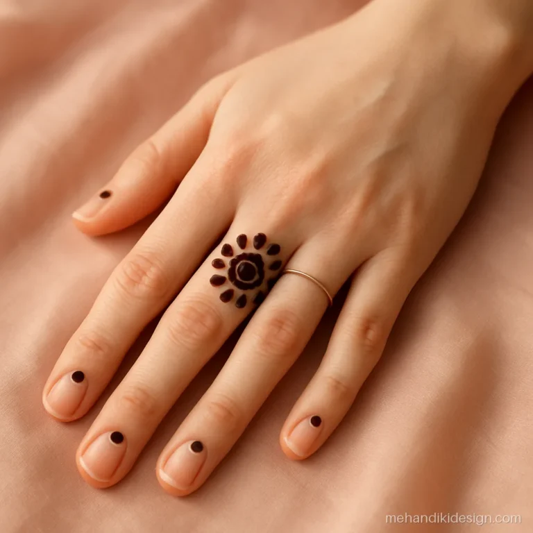 Simple front hand mehandi design with one dot flower in the palm