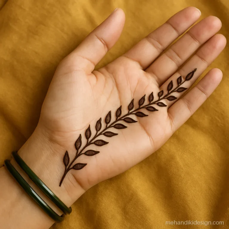 Simple mehandi design front hand with a diagonal leaf vine across the palm