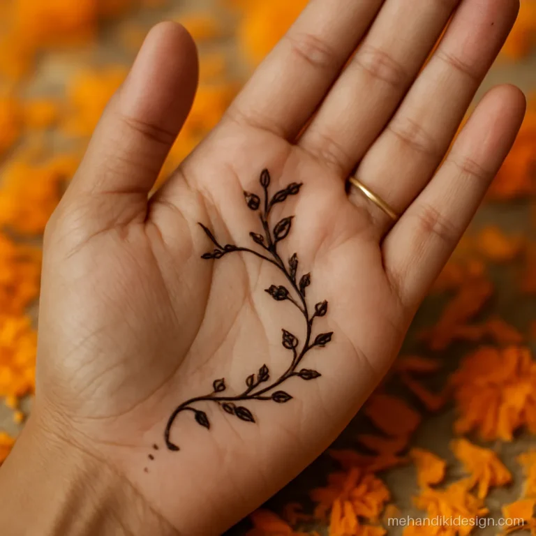 Simple front hand mehandi with a vine from the thumb base curving into the palm