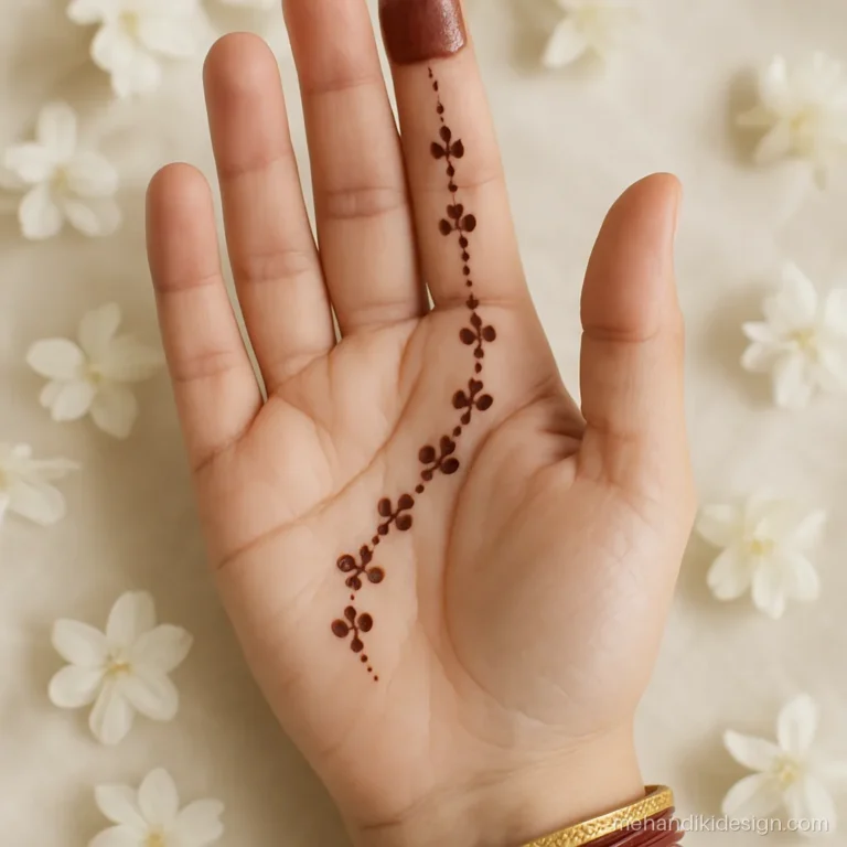 Simple mehandi design front hand with a petal chain up the middle finger