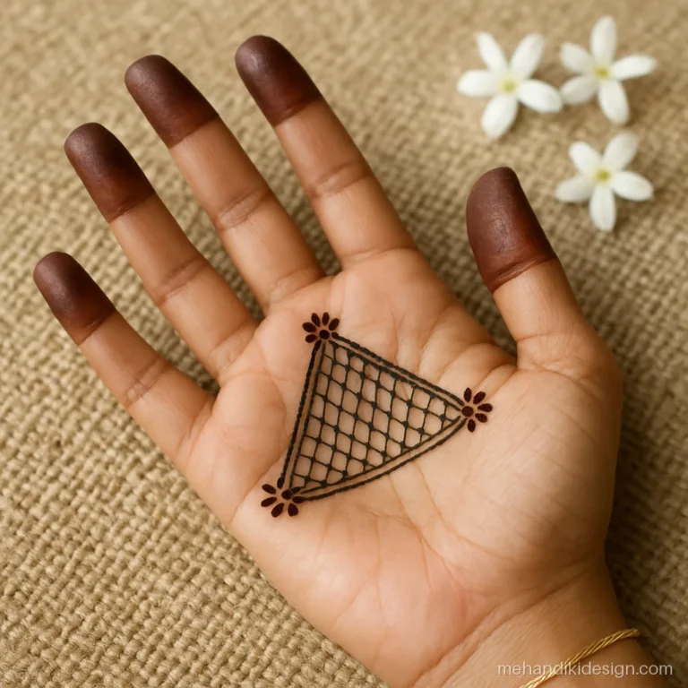 Simple front hand mehandi with a small triangle jaal in the palm