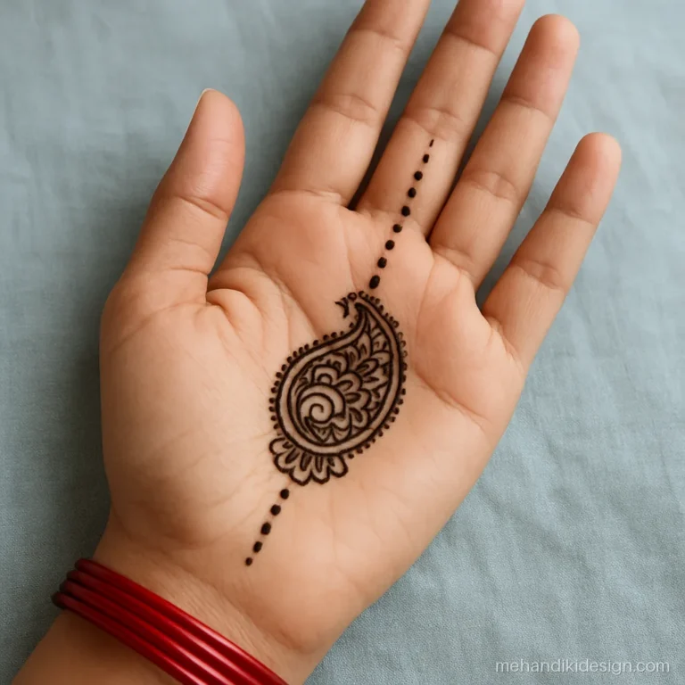 Simple mehandi design with a paisley near the wrist and dot trail to the finger