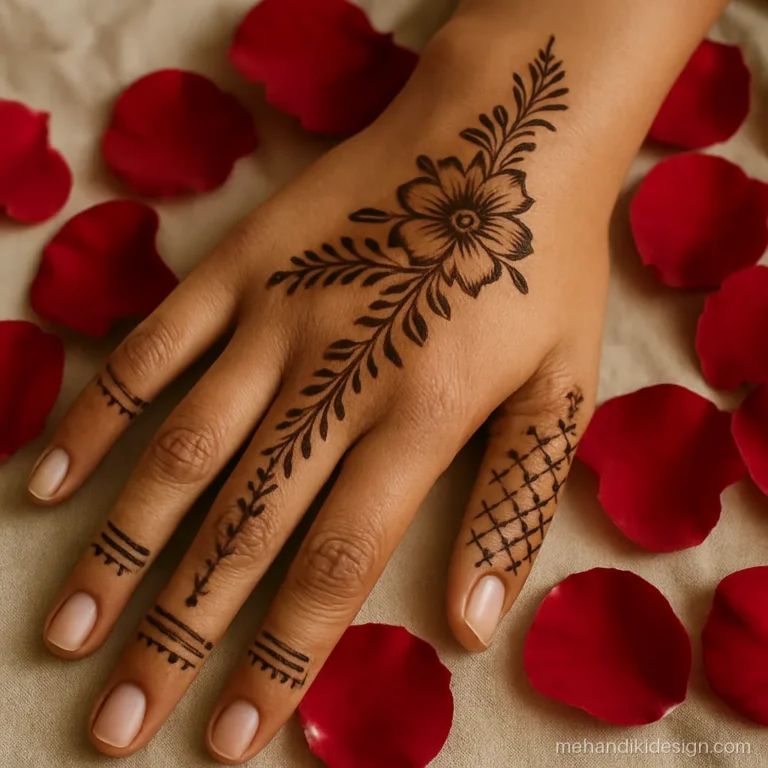 Simple full hand mehandi design with a bel and light jaal