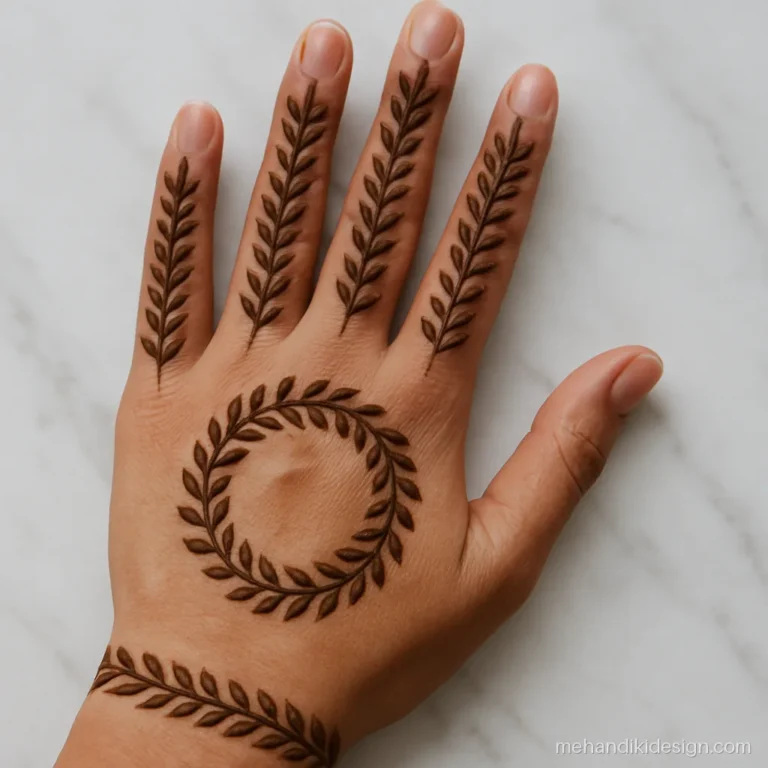 Simple full hand mehandi design with leaf columns on fingers and palm