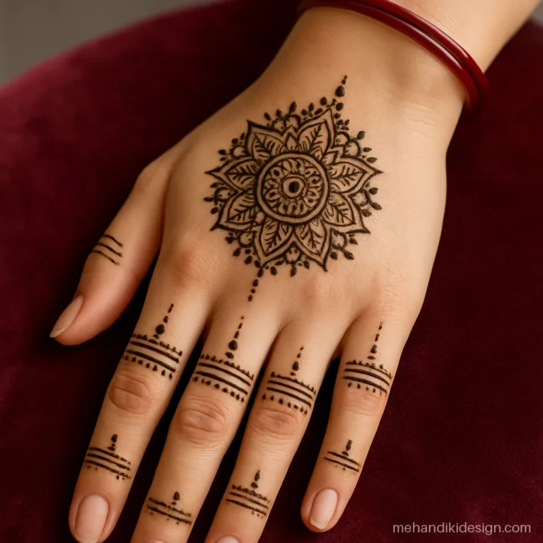 Simple full hand mehandi with a mandala and bands on fingers