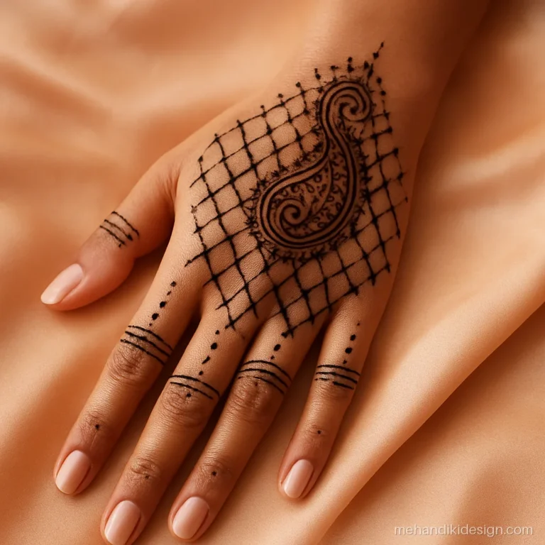 Simple full hand mehandi with one paisley and open net on the back hand