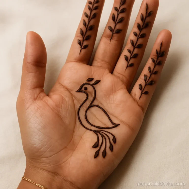 Simple full hand mehandi design with a peacock and leafy fingers