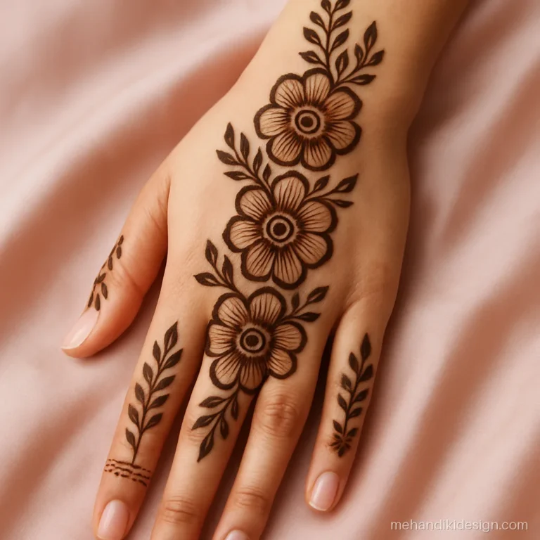 Simple full hand mehandi with three stacked flowers on the palm