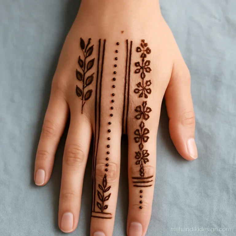 Simple full hand mehandi with vertical panels of patterns