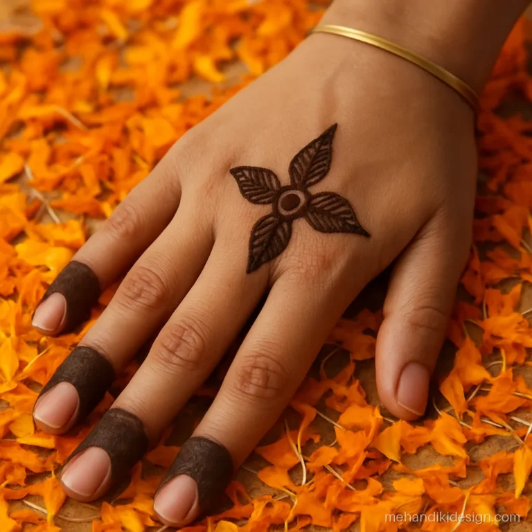 Simple mehandi design with a gol tikki and four leaves on the back hand