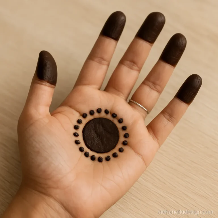 Simple gol tikki mehandi with a dot ring and filled fingertips