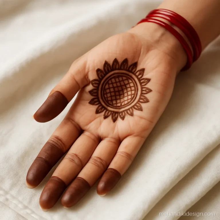 Simple gol tikki mehandi design with a double circle and checks