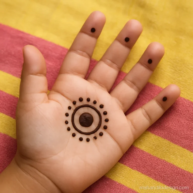 Simple gol tikki mehandi on a small child's hand with dot tips