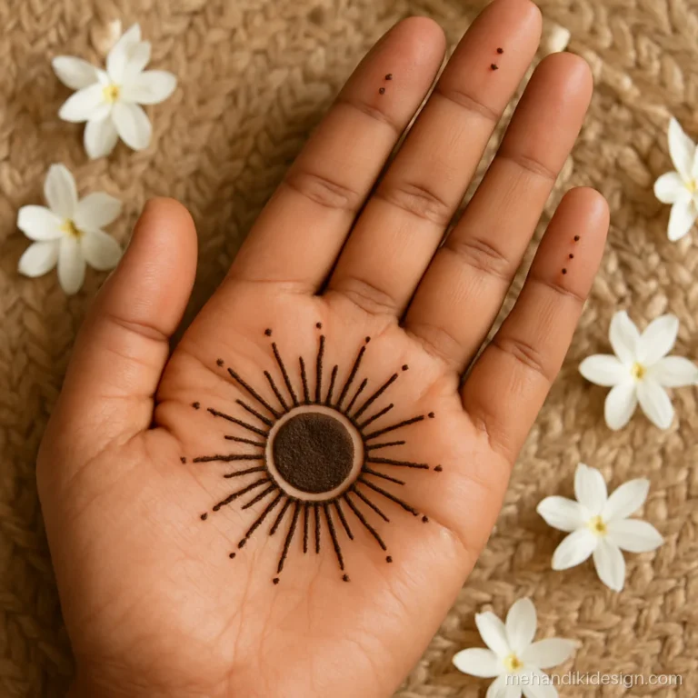 Simple gol tikki mehandi design with sun ray lines around it