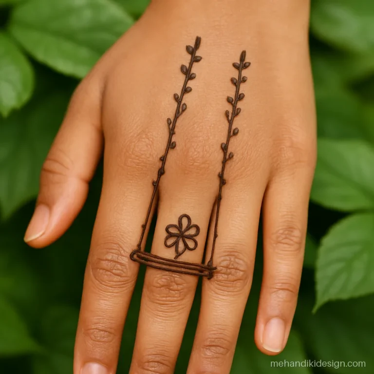 Simple jhula mehandi design on the back hand with leafy ropes for Hariyali Teej