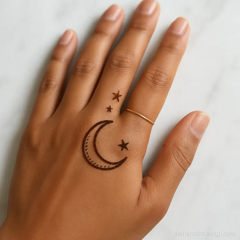 Simple left hand mehandi design with a crescent moon and small stars