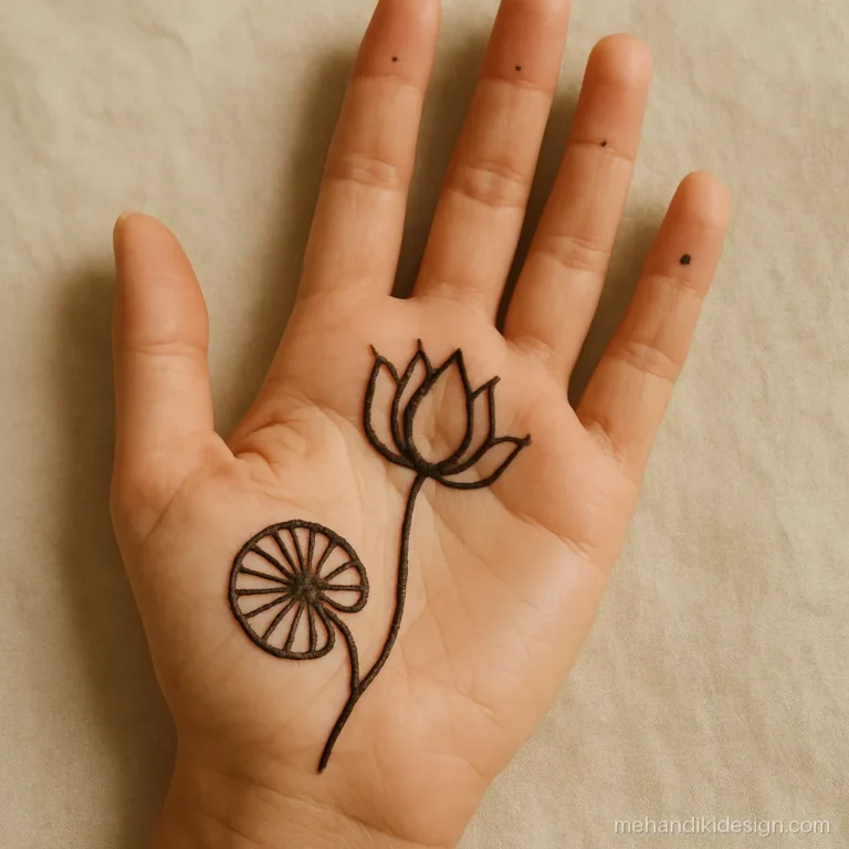 Simple lotus mehndi design with a closed lotus bud on a curved stem in the lower palm