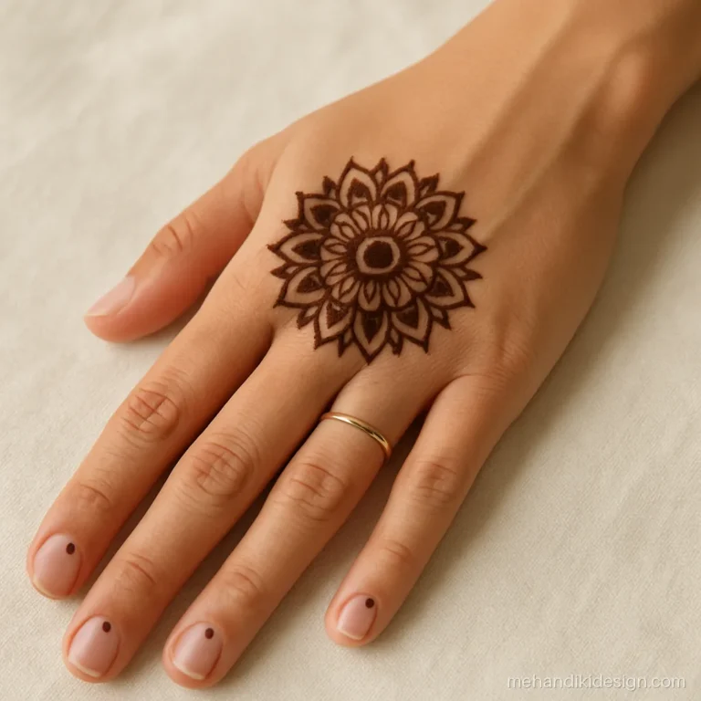Simple mandala mehandi design with two rings of petals on the back hand