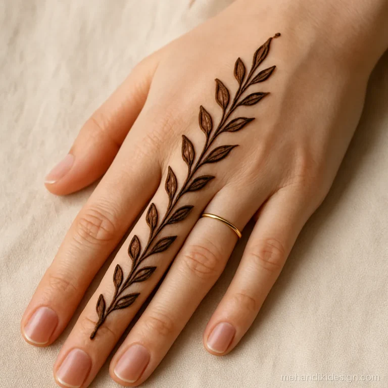 Simple mehandi cone design with single stroke leaves along the index finger