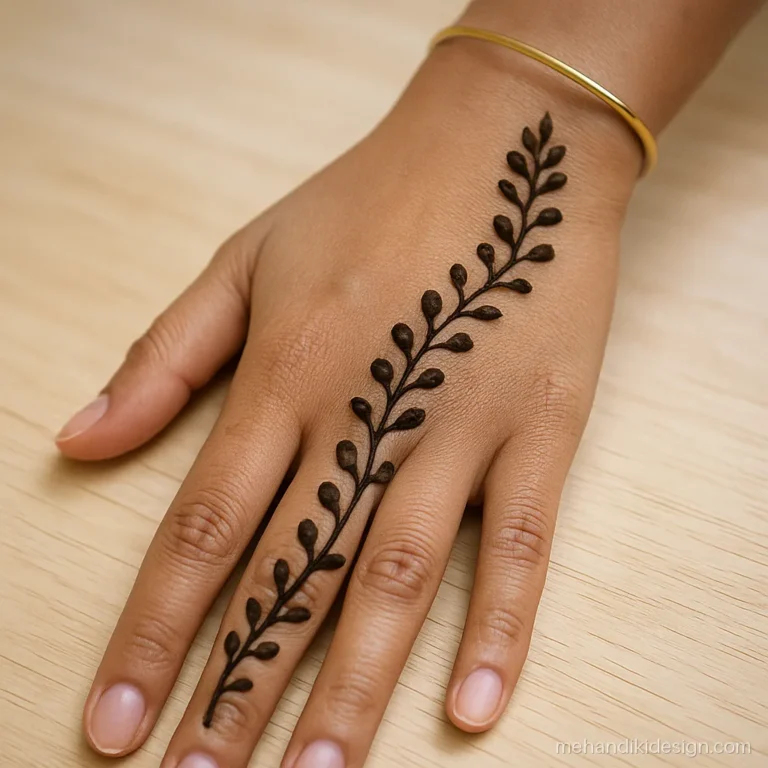 Simple mehandi cone design with a curling vine wrapping the thumb
