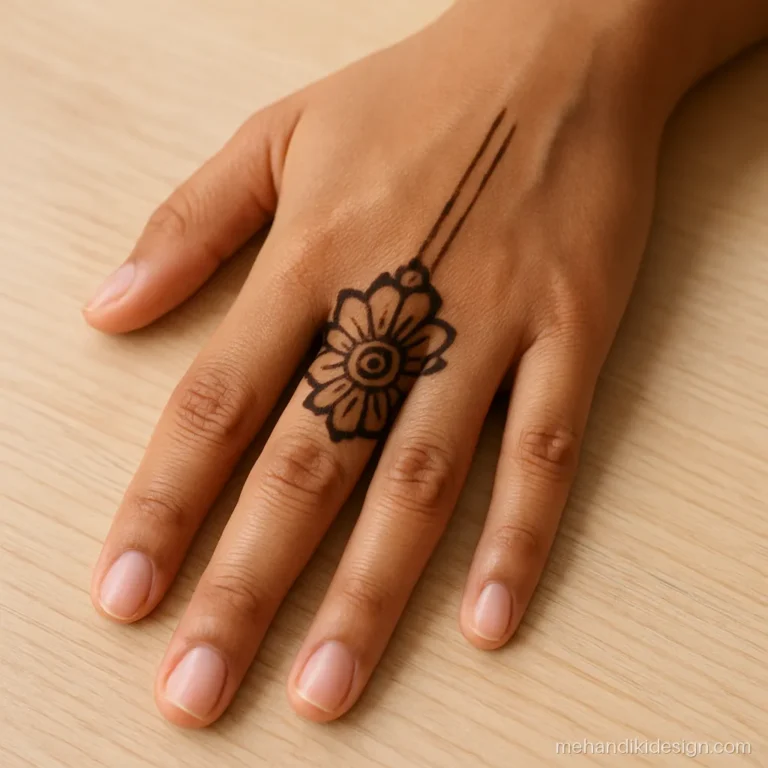 Simple mehandi cone designs with a half flower and lines on two fingers