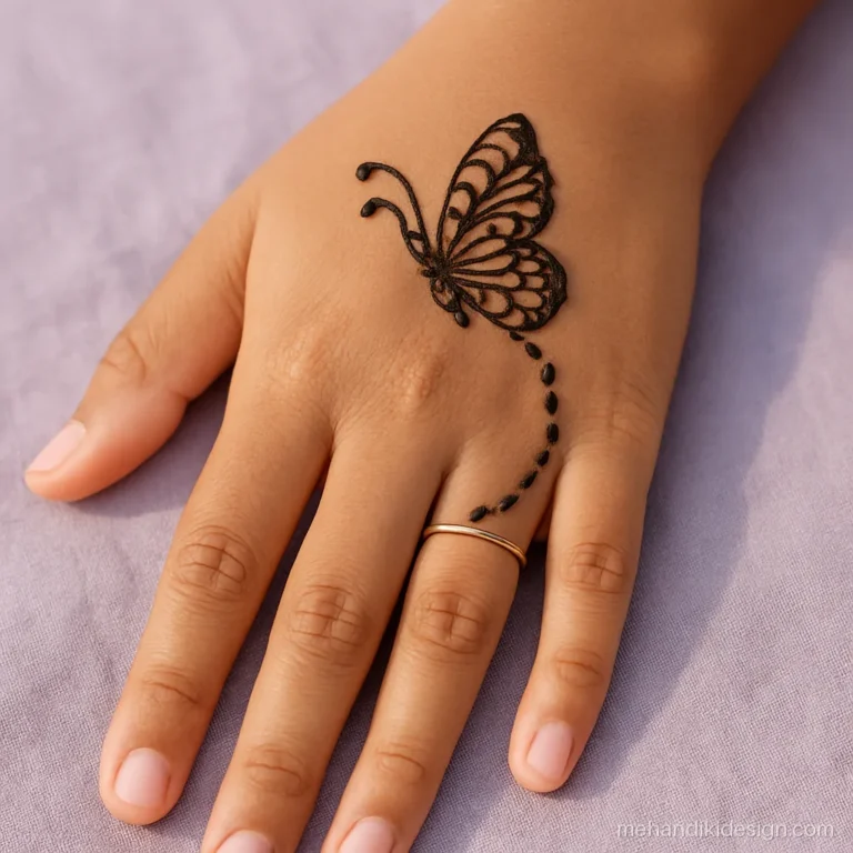 Simple mehandi design for girls with a butterfly and dotted trail