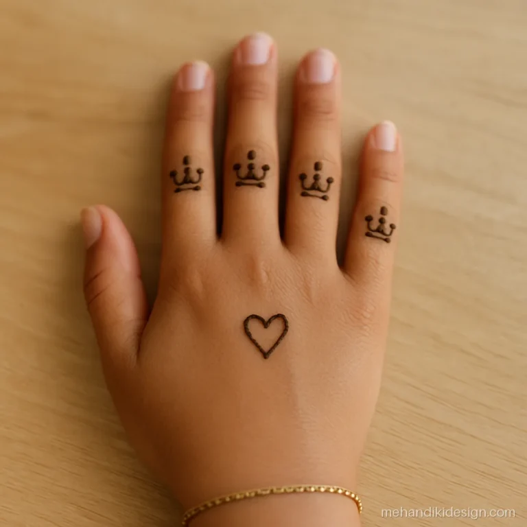 Simple mehandi for girls with small crown shapes on the fingertips