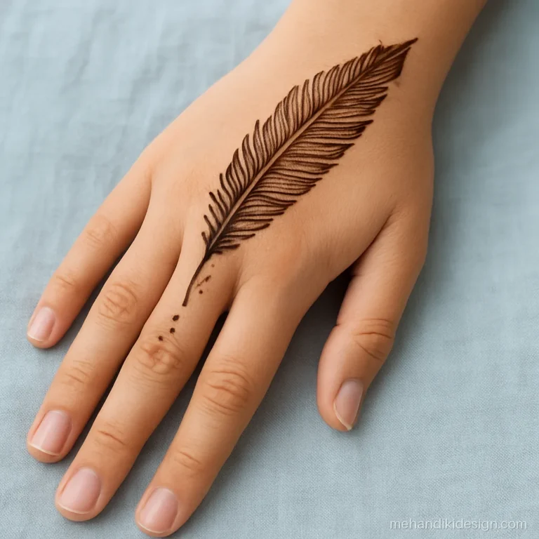 Simple mehandi design for girls with a single feather on the back hand