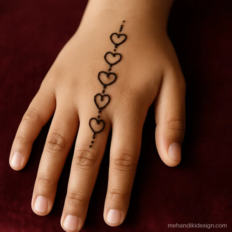 Simple mehandi design for girls with a heart chain from finger to wrist