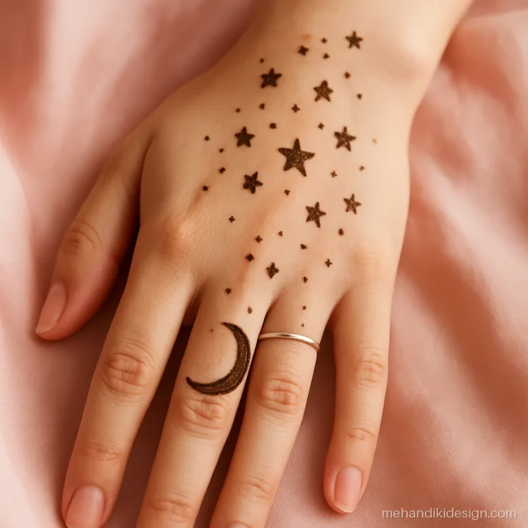 Simple mehandi for college girls with moon and stars on the back hand