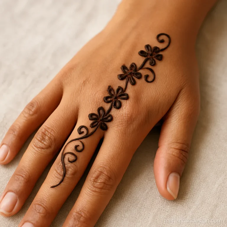 Mehandi photo of a diagonal trail of small flowers from thumb to little finger