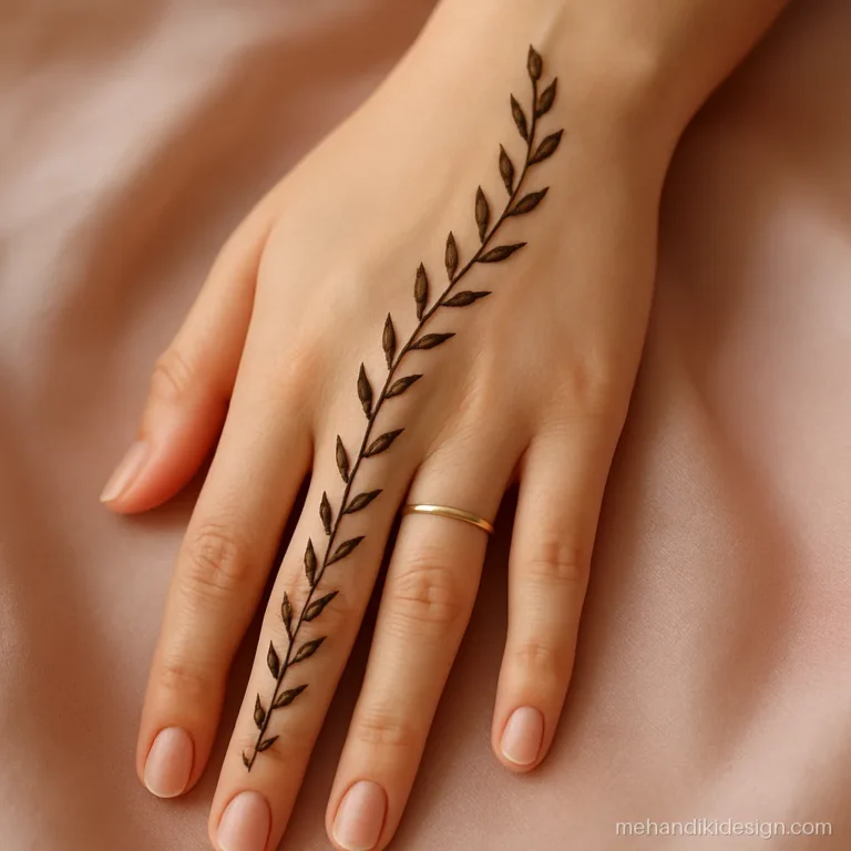 Simple mehandi photo of a thin leaf bel running down the index finger to the wrist
