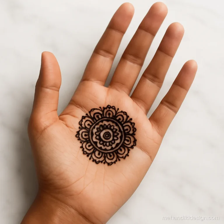 Simple mehandi photo showing a small round mandala in the centre of the palm