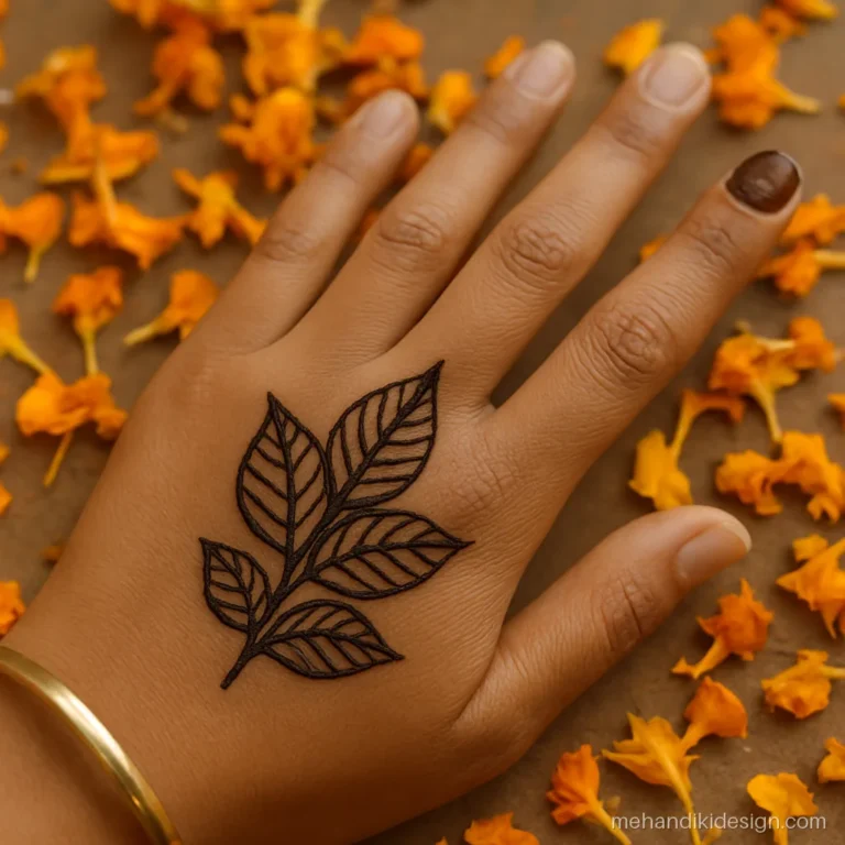 Mehandi image of a leaf cluster near the thumb with a thin outline thumb cap