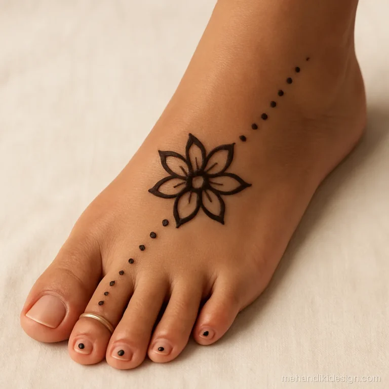 Simple pair ki mehandi design with one flower on the foot and dotted toes