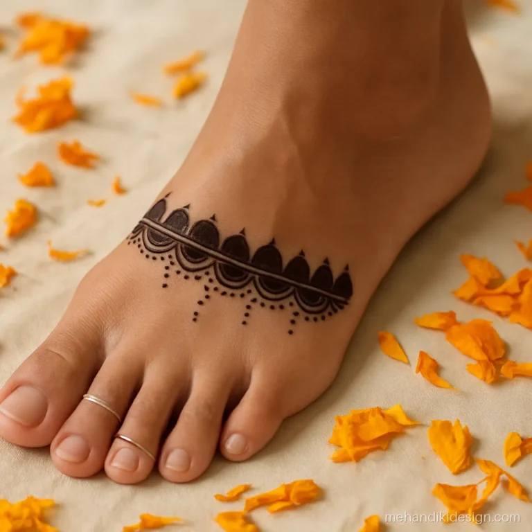 Simple pair mehandi design with half moon shapes below each toe