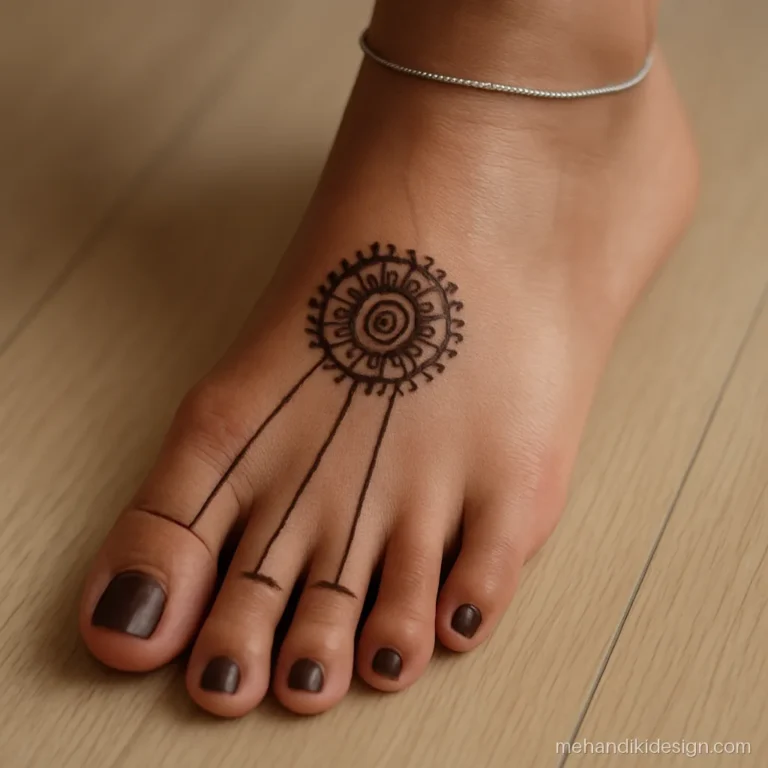 Simple pairon ki mehandi with a small mandala in the centre of the foot