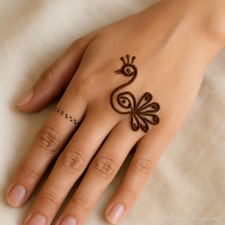 Simple peacock mehandi design with an S-shaped neck and small fan tail