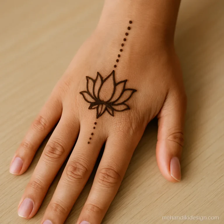 Simple right hand mehandi design with one lotus on the wrist and thin finger lines