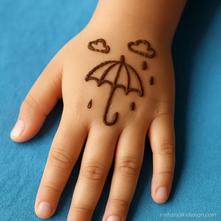 Simple savan mehandi with a tiny umbrella and rain drops on the back hand