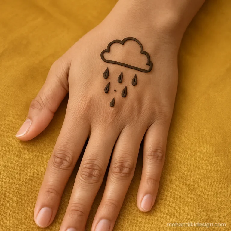 Simple teej mehandi design with rain drops and a cloud on the back hand