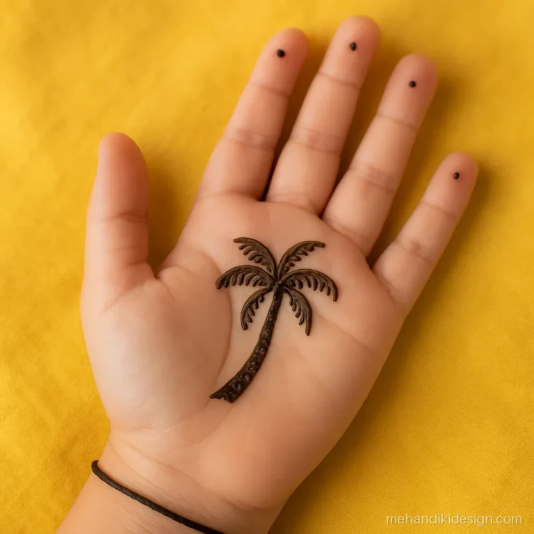 Simple onam mehandi with a single coconut tree on the side of the palm