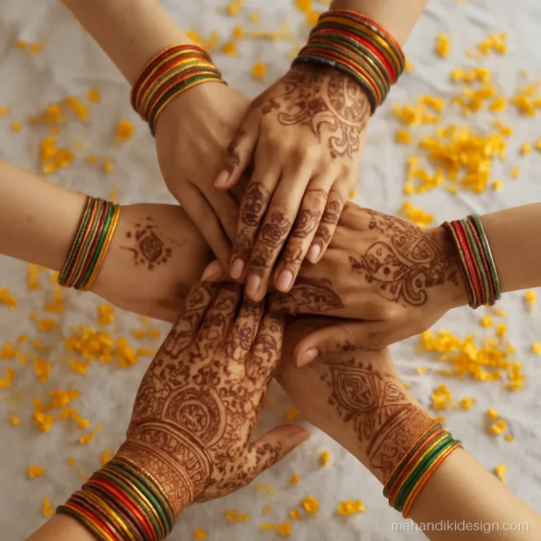 Mehandi photo poses with sisters stacking their hennaed hands together