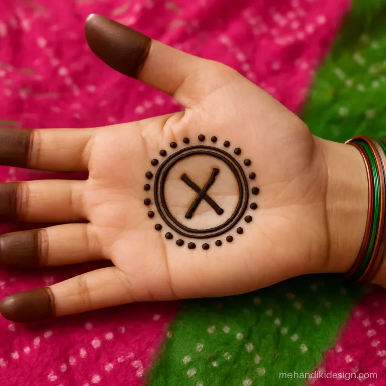 Easy navratri mehandi with a small round tikki and a dandiya pair inside it
